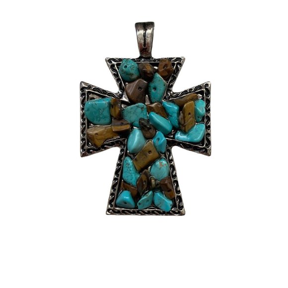 SILVERTONE HANDMADE BEADED ROCK & TURQUOISE CROSS PENDANT NO CHAIN Magnetic Loop - Picture 1 of 9